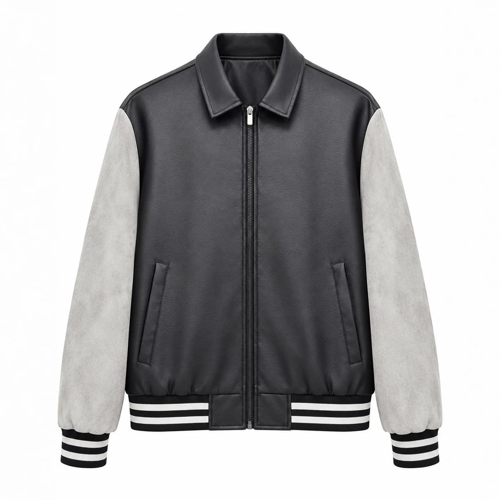 Men's Retro Letterman Bomber with Smooth Faux Leather Body and Velvet Sleeve Detail Fashion Glam