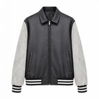 Men's Retro Letterman Bomber with Smooth Faux Leather Body and Velvet Sleeve Detail Fashion Glam