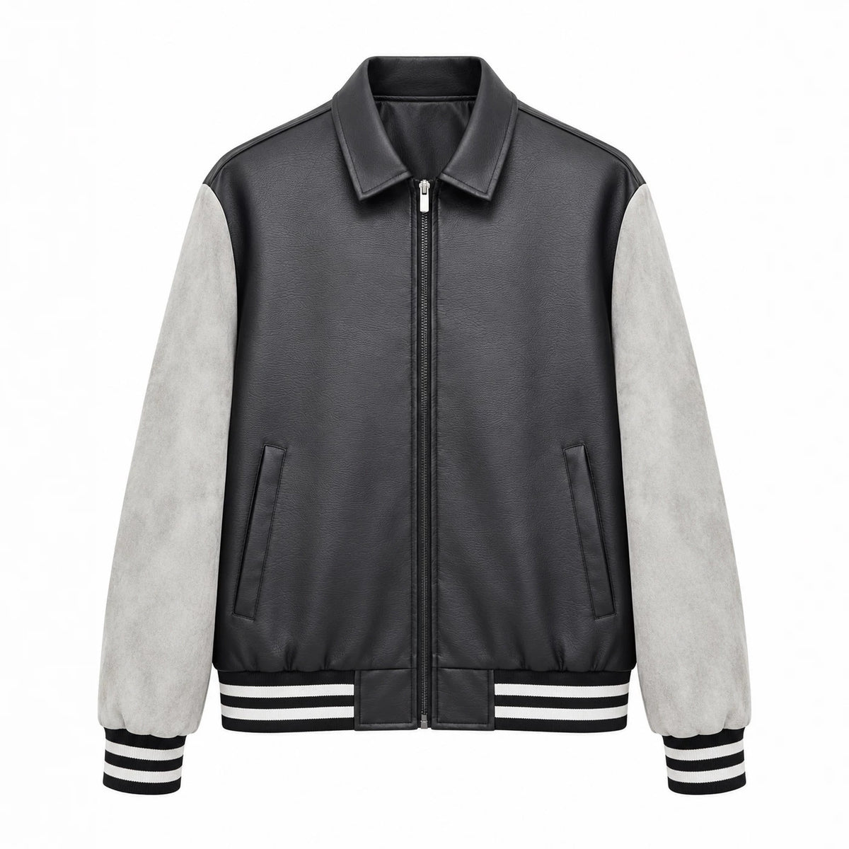 Men's Retro Letterman Bomber with Smooth Faux Leather Body and Velvet Sleeve Detail Fashion Glam