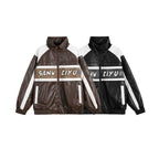 Unisex Retro-inspired Faux Leather Bomber Jacket with Stand-up Collar, Contrast Stripes and Letter Patch Fashion Glam