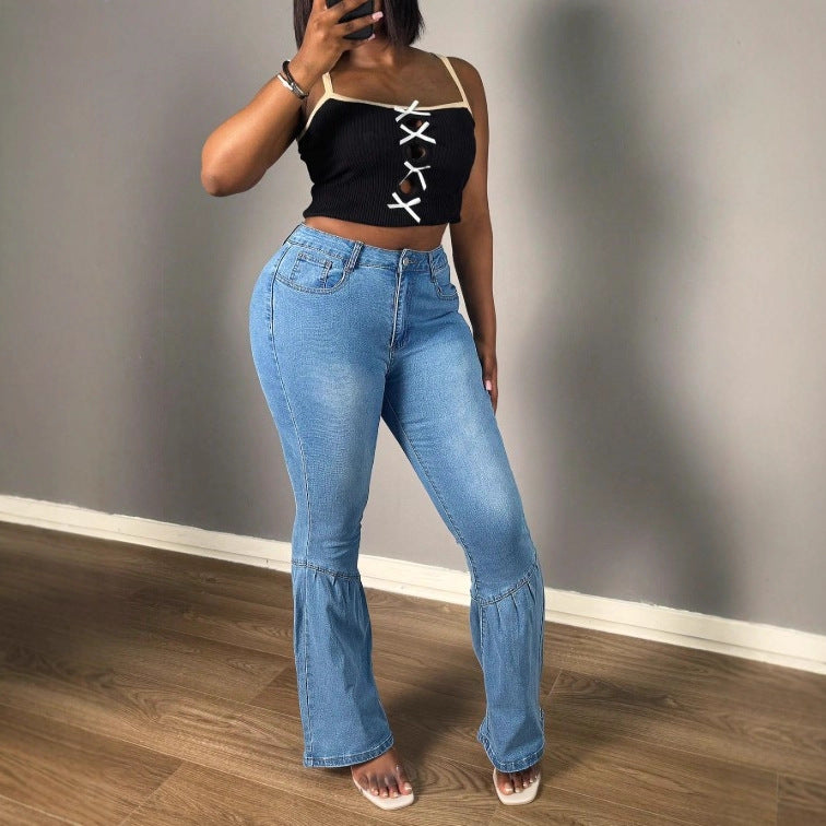 Women's High-Waisted Denim Jeans with Tiered Flounce-Flares and Sculpting Cut Fashion Glam