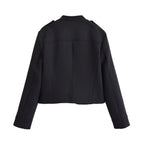 Ladies fitted short jacket in military style with decorative double-button placket, zipper, and shoulder epaulettes Fashion Glam