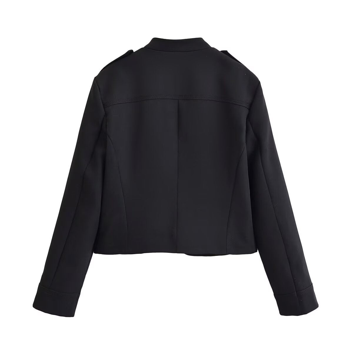 Ladies fitted short jacket in military style with decorative double-button placket, zipper, and shoulder epaulettes Fashion Glam