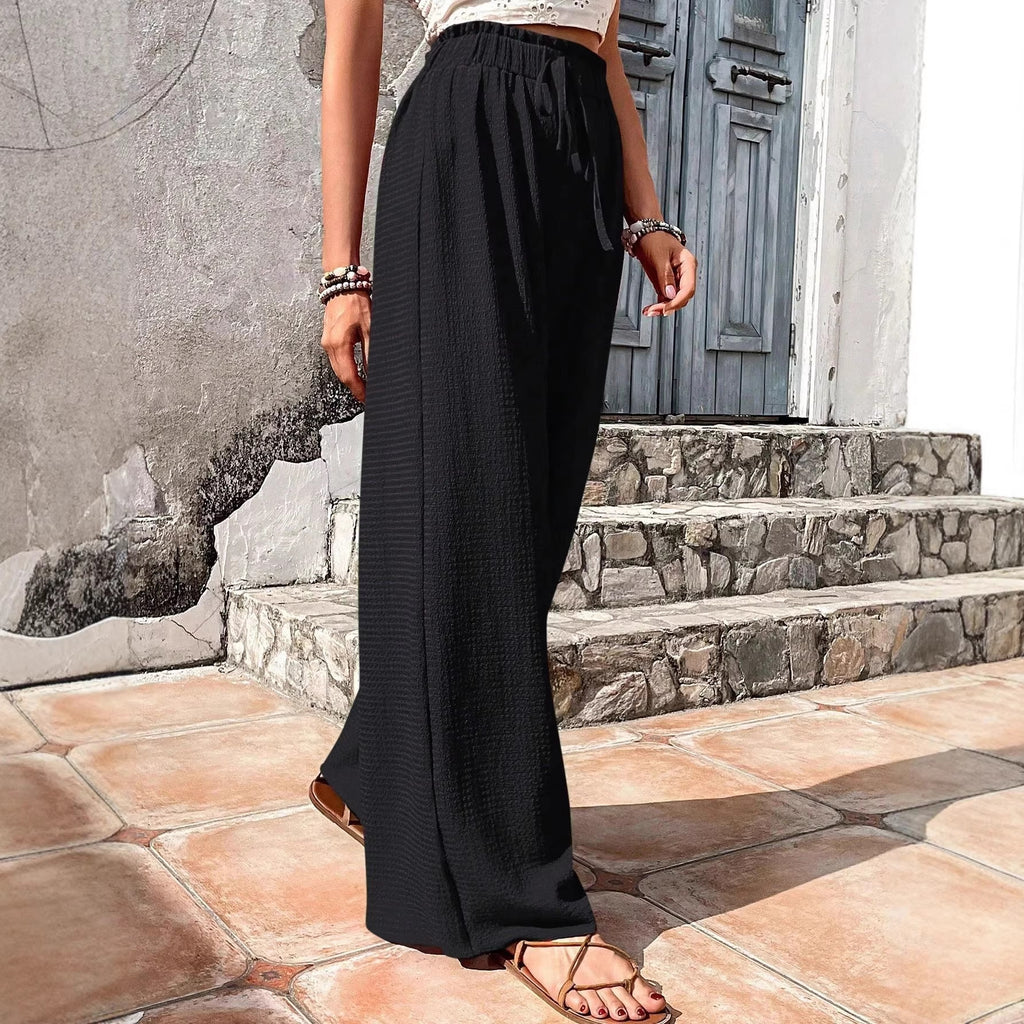 Women Lightweight Palazzo Pants with Crinkle Texture, High Smocked Waist and Drawstring Fashion Glam
