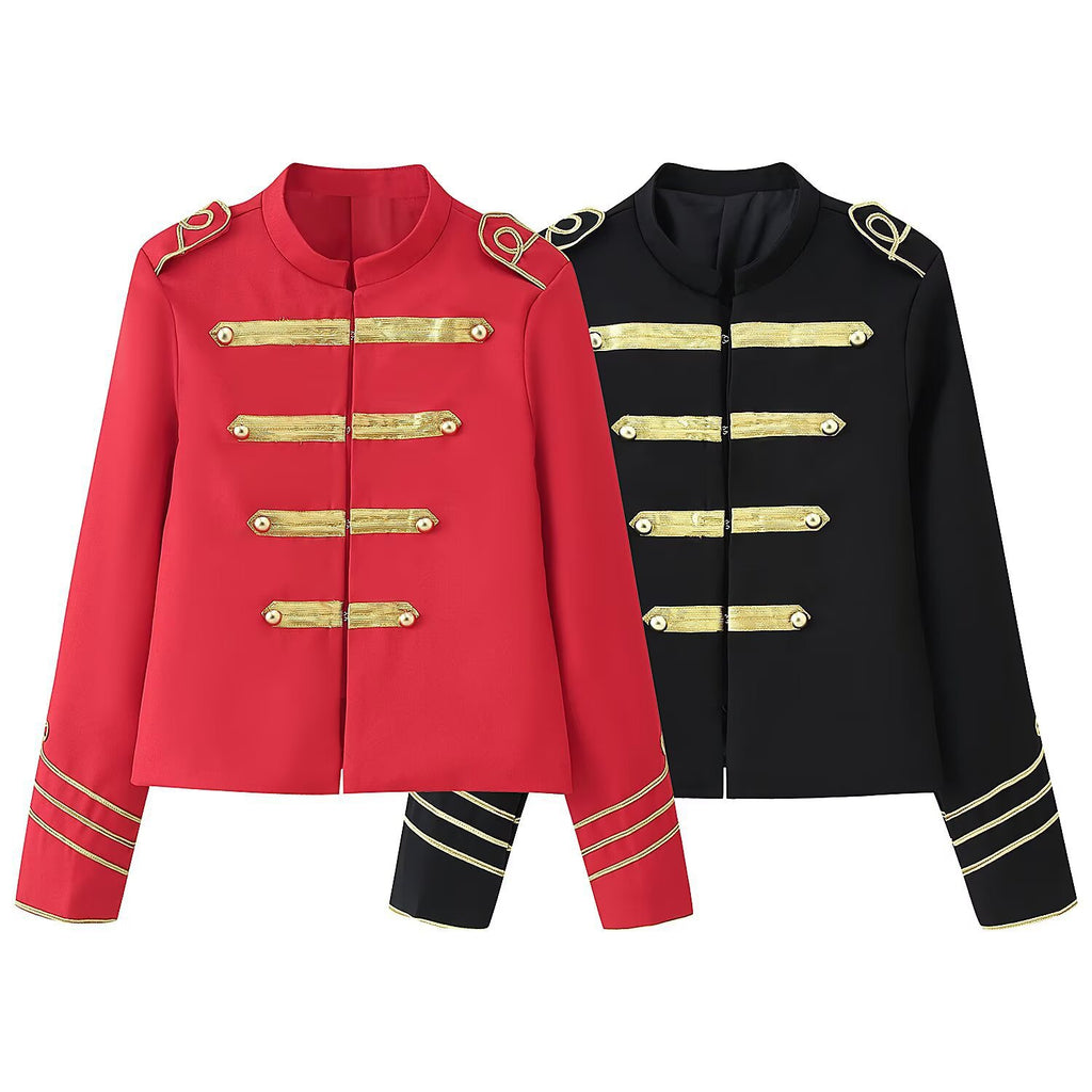 Ladies Cropped Military Jacket with Gold Embroidered Galloons and Stand-up Collar Fashion Glam