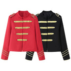 Ladies Cropped Military Jacket with Gold Embroidered Galloons and Stand-up Collar Fashion Glam