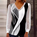 Women's V-neck blouse with abstract graphic print and lace sleeves Fashion Glam