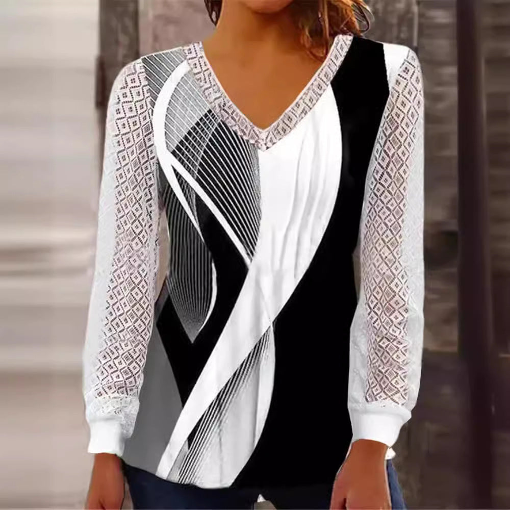 Women's V-neck blouse with abstract graphic print and lace sleeves Fashion Glam