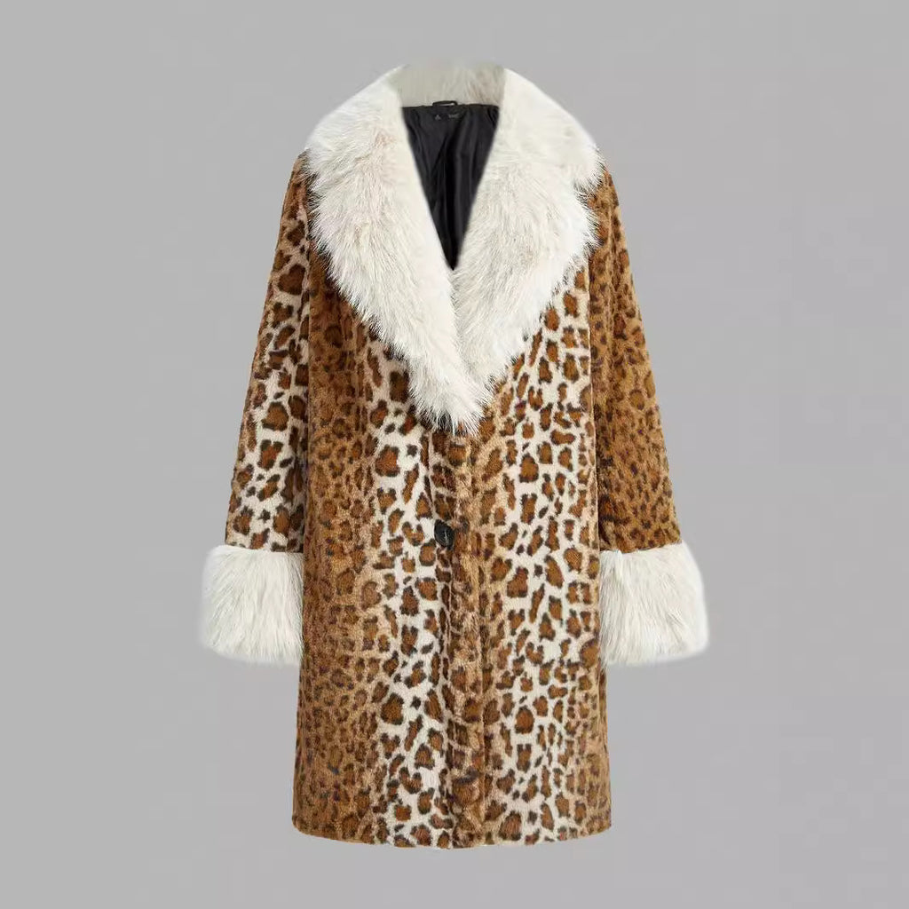 Women's Mid-Length Faux Fur Coat with Contrasting High-Pile Shawl Collar and Leopard Print Fashion Glam