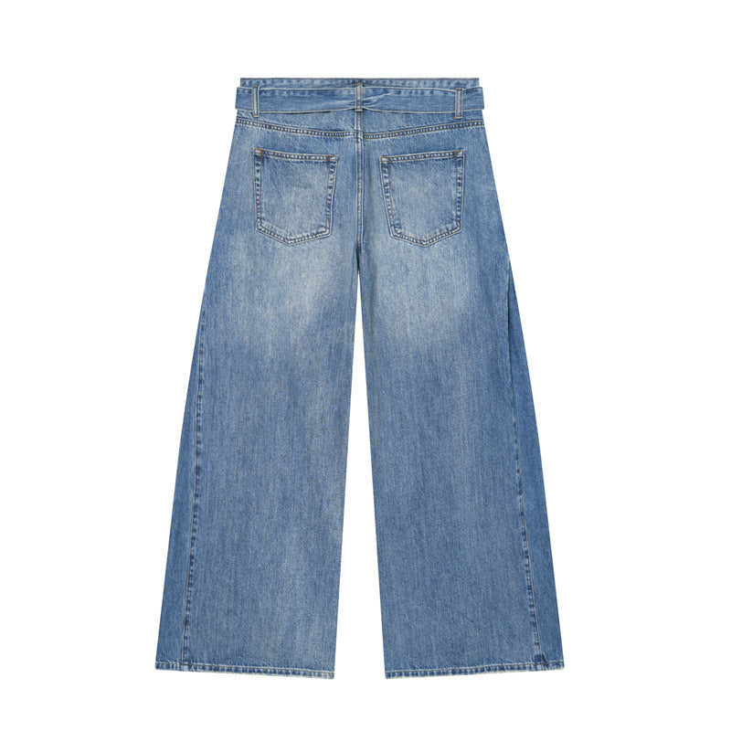 Women Wide Denim Pants with Side Pleat Inserts, High Waist and Waist Belt Fashion Glam