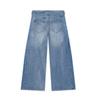 Women Wide Denim Pants with Side Pleat Inserts, High Waist and Waist Belt Fashion Glam