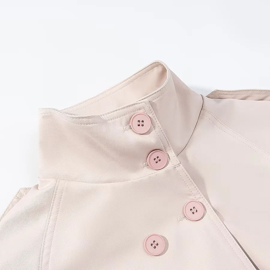 Women's Short Double-Breasted Trench Coat with Stand Collar, Tied Belt and Epaulettes Fashion Glam
