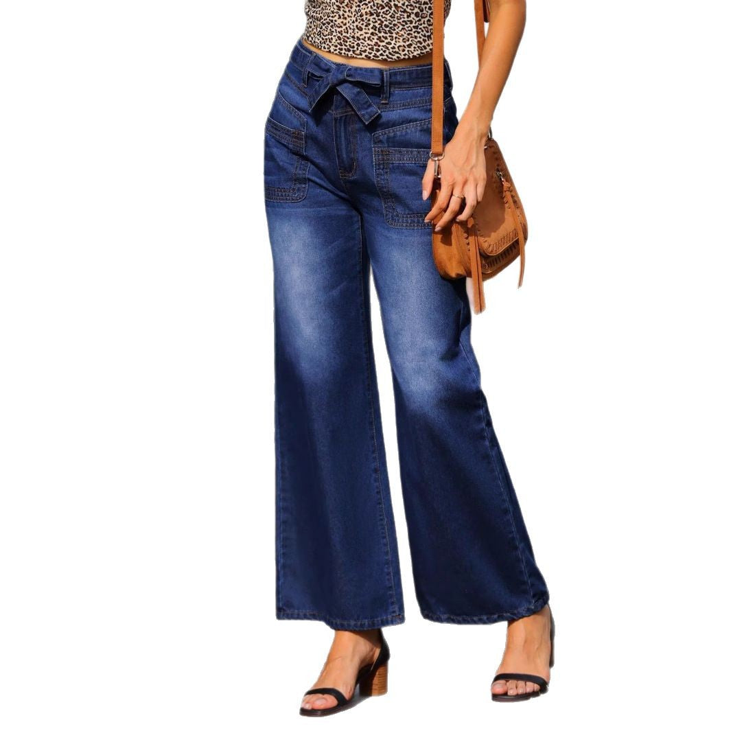 Women High-waisted wide jeans with bow waistband and patch pockets Fashion Glam