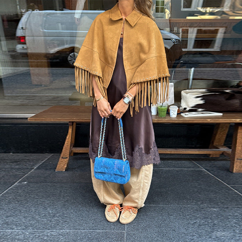 Women Fringe Cape made of Suede Imitation with Eyelets and Lapel Collar Fashion Glam