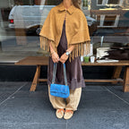 Women Fringe Cape made of Suede Imitation with Eyelets and Lapel Collar Fashion Glam