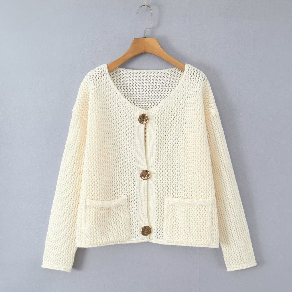 Ladies Light Open Hole Knit Cardigan with Decorative Buttons and Patch Pockets Fashion Glam