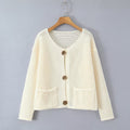 Ladies Light Open Hole Knit Cardigan with Decorative Buttons and Patch Pockets Fashion Glam