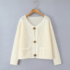 Ladies Light Open Hole Knit Cardigan with Decorative Buttons and Patch Pockets Fashion Glam