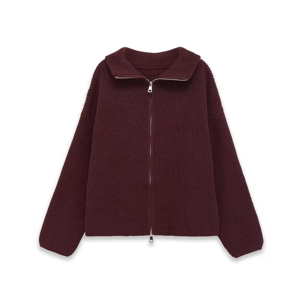 Women's Chunky Knit Zip Cardigan with Stand-up Collar and Oversized Silhouette Fashion Glam