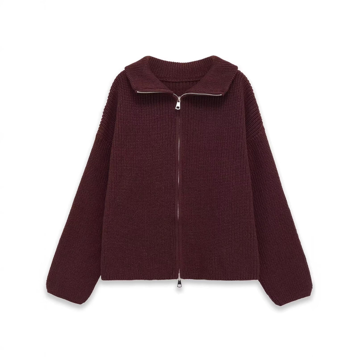 Women's Chunky Knit Zip Cardigan with Stand-up Collar and Oversized Silhouette Fashion Glam