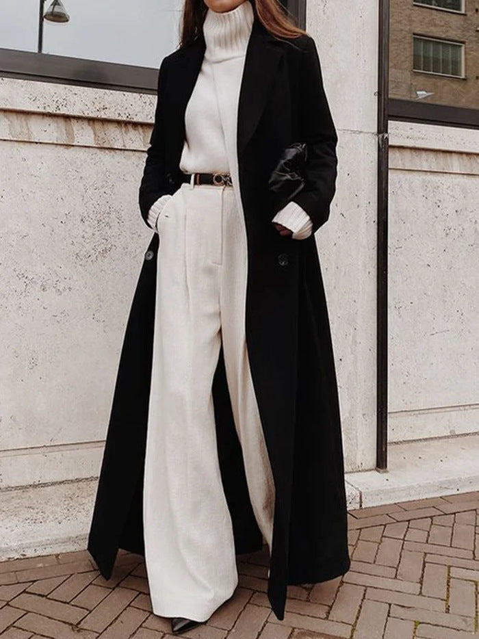 Women classic maxi coat with elegant pleats and pockets Fashion Glam