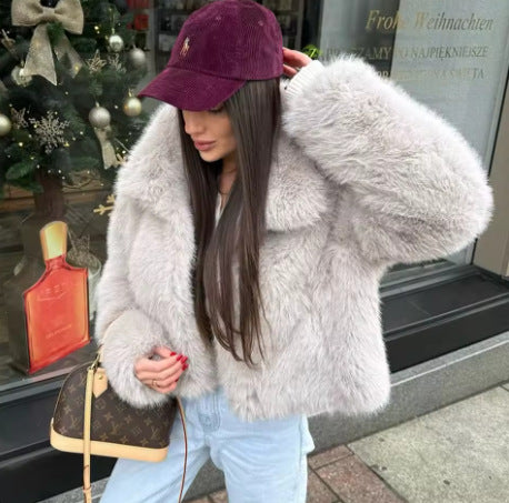 Women's Short-Cut Faux Fur Blouson with Voluminous Shawl Collar and Dense Pile Fashion Glam