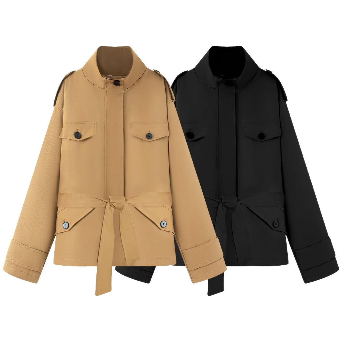 Women's Short Jacket in Utility Style with Waist Belt and Flap Pockets Fashion Glam