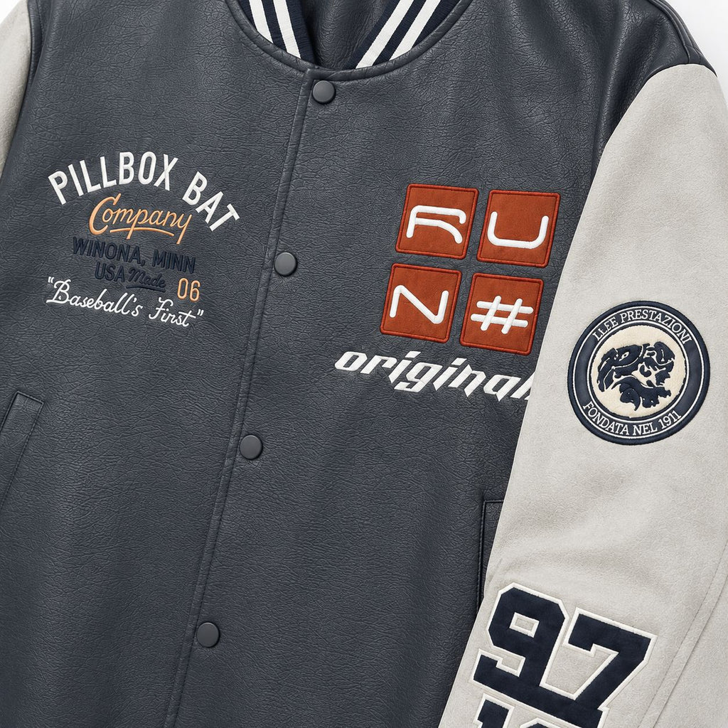 Men's varsity bomber jacket in retro college style with faux leather body and contrast sleeves Fashion Glam