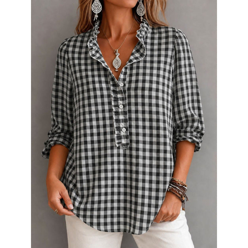 Women Checked Blouse Top with Ruffled Collar and Half Button Placket Fashion Glam