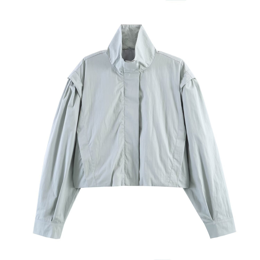 Women's Cropped Utility Jacket with High Standing Collar, Loose Raglan Sleeves and Concealed Front Placket Fashion Glam