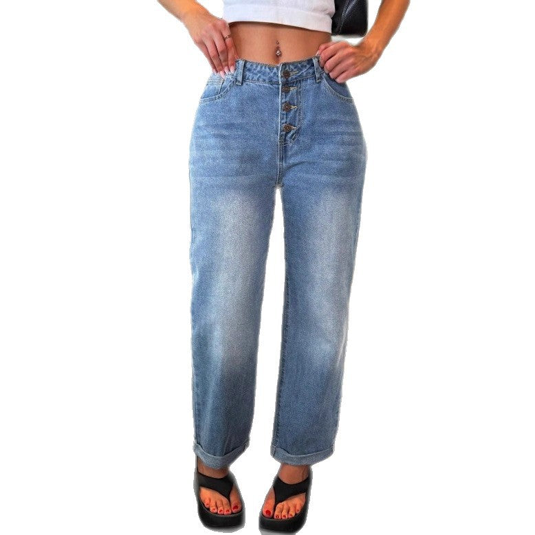 Women's High-Waisted Relaxed-Straight Jeans with Visible Button Placket and Cuff Fashion Glam