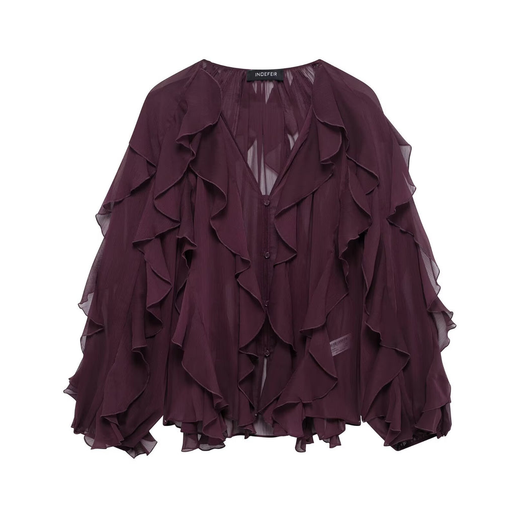 Women Voluminous Chiffon Blouse with Layered Ruffles and Button Placket Fashion Glam