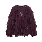 Women Voluminous Chiffon Blouse with Layered Ruffles and Button Placket Fashion Glam