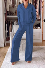 Ladies two-piece lounge set made of soft jersey with V-neck and wide palazzo pants cut Fashion Glam