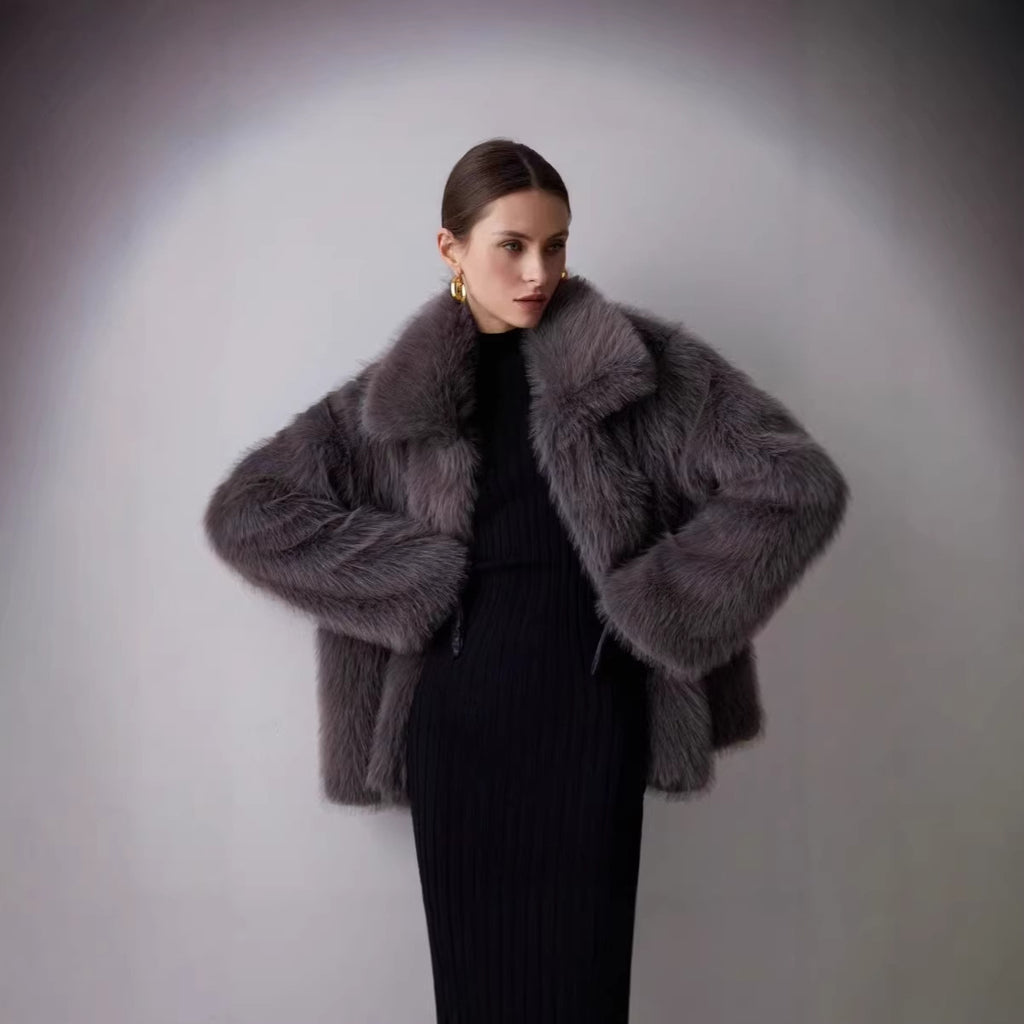 Ladies Short Boxy Faux Fur Jacket with Extra Soft High Pile and Voluminous Shawl Collar Fashion Glam