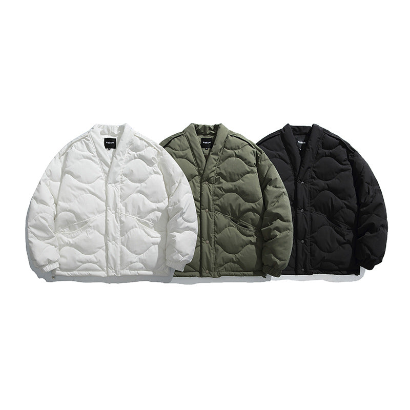 Unisex Oversized Padded Jacket with V-Neck, Snap Button Closure and Padded Insulation Fashion Glam