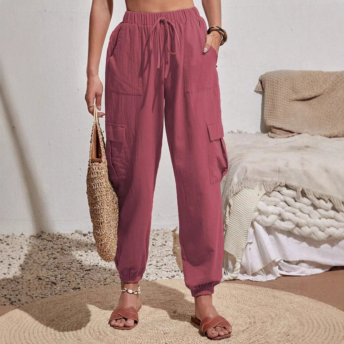 Women's Lightweight Cargo Jogging Pants with Drawstring, Elastic Waistband and Elastic Cuffs Fashion Glam