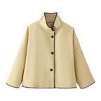 Women's Short Boxy Coat-Cape with Standing Collar and Contrast Decorative Stitch Fashion Glam