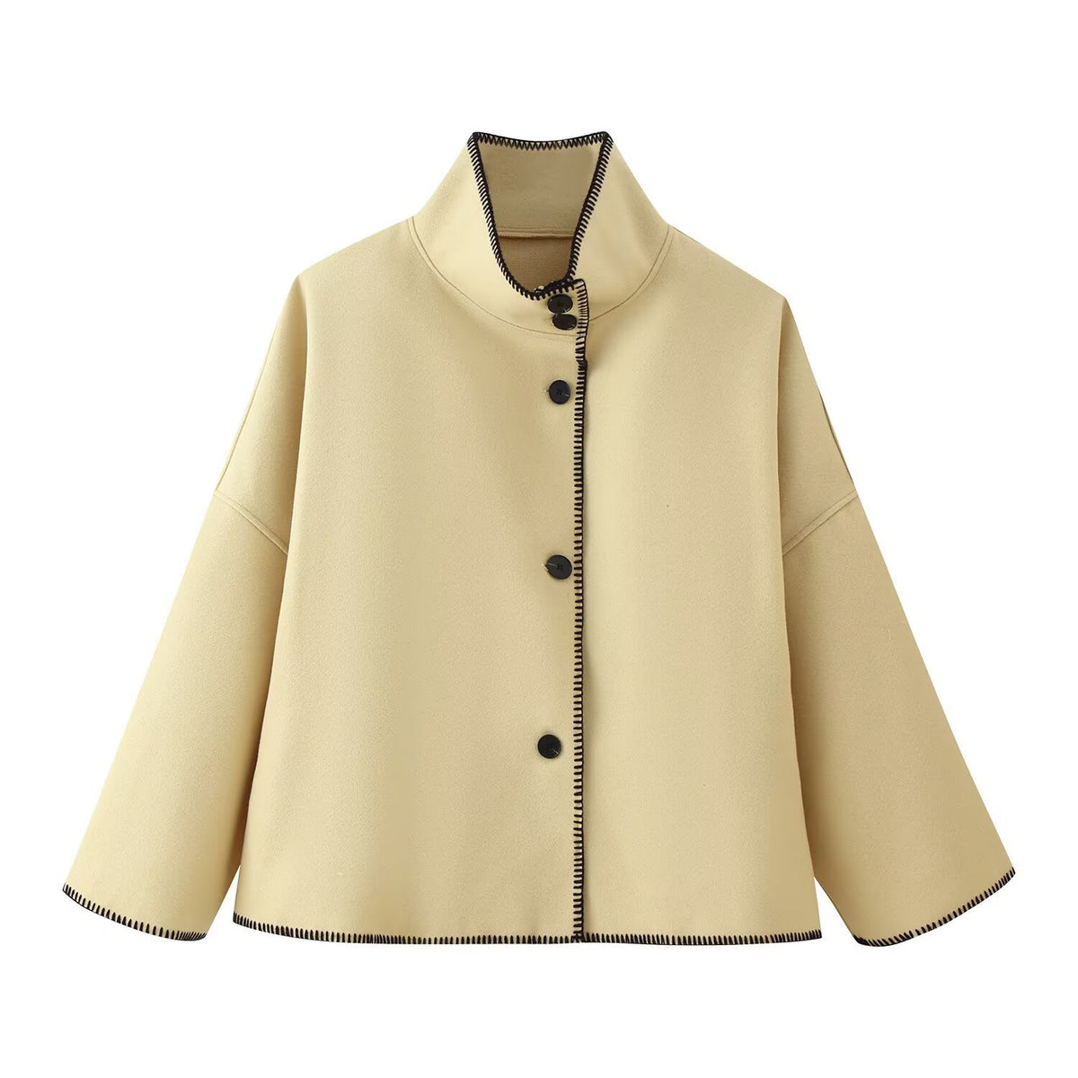 Women's Short Boxy Coat-Cape with Standing Collar and Contrast Decorative Stitch Fashion Glam