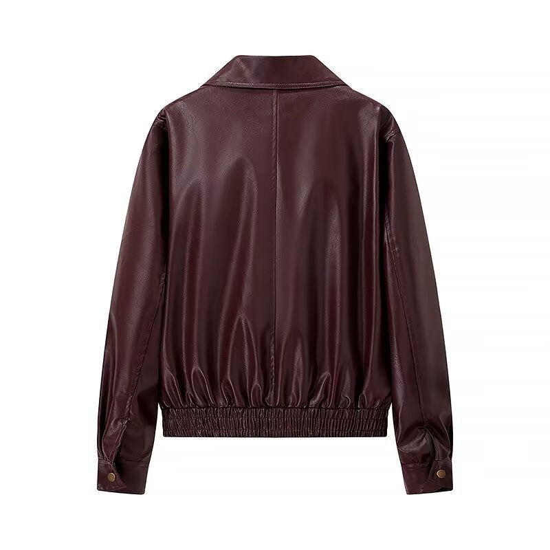 Women's Shiny Leather-Look Blouson Jacket with Shirt Collar, Zipper and Elastic Hem Fashion Glam