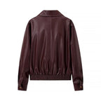 Women's Shiny Leather-Look Blouson Jacket with Shirt Collar, Zipper and Elastic Hem Fashion Glam