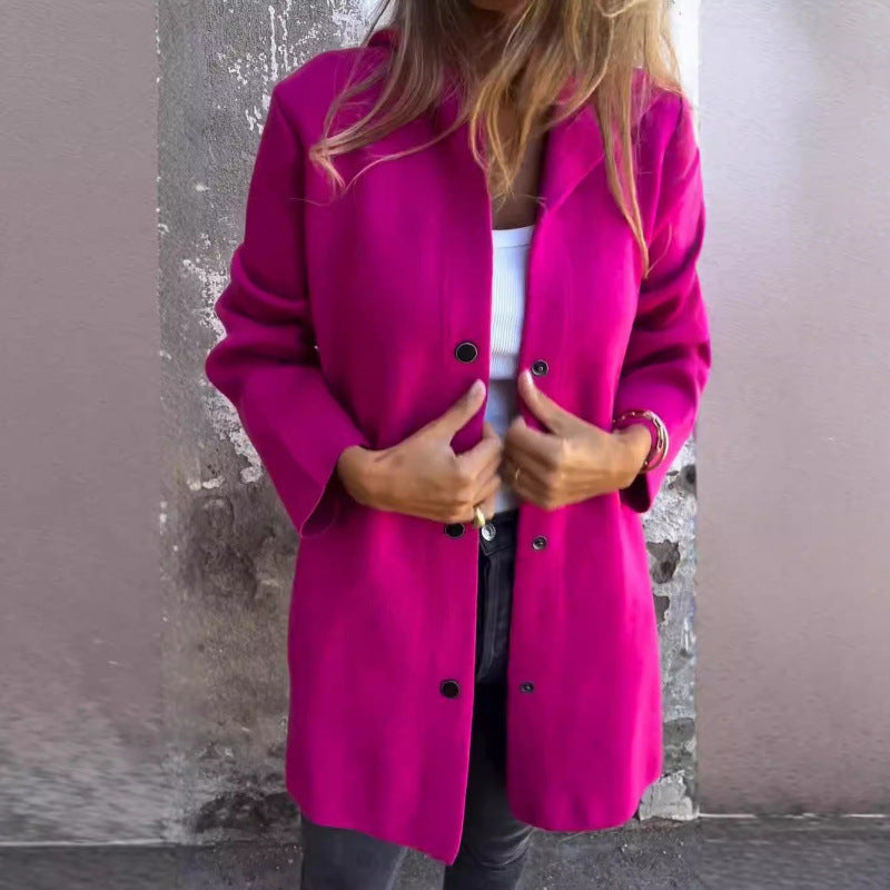Women's Midi Length Oversized Coat made of Wool Blend with Clear Button Placket and Minimalist Lapels Fashion Glam