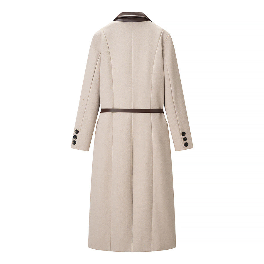 Women's Tailored Wool Blend Coat with Herringbone Structure, Contrasting Leather Collar and Tie Belt Fashion Glam