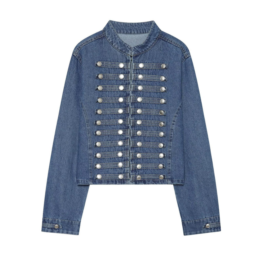 Ladies short cut denim jacket in military style with stand-up collar and decorative button rows Fashion Glam
