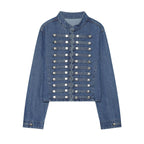Ladies short cut denim jacket in military style with stand-up collar and decorative button rows Fashion Glam