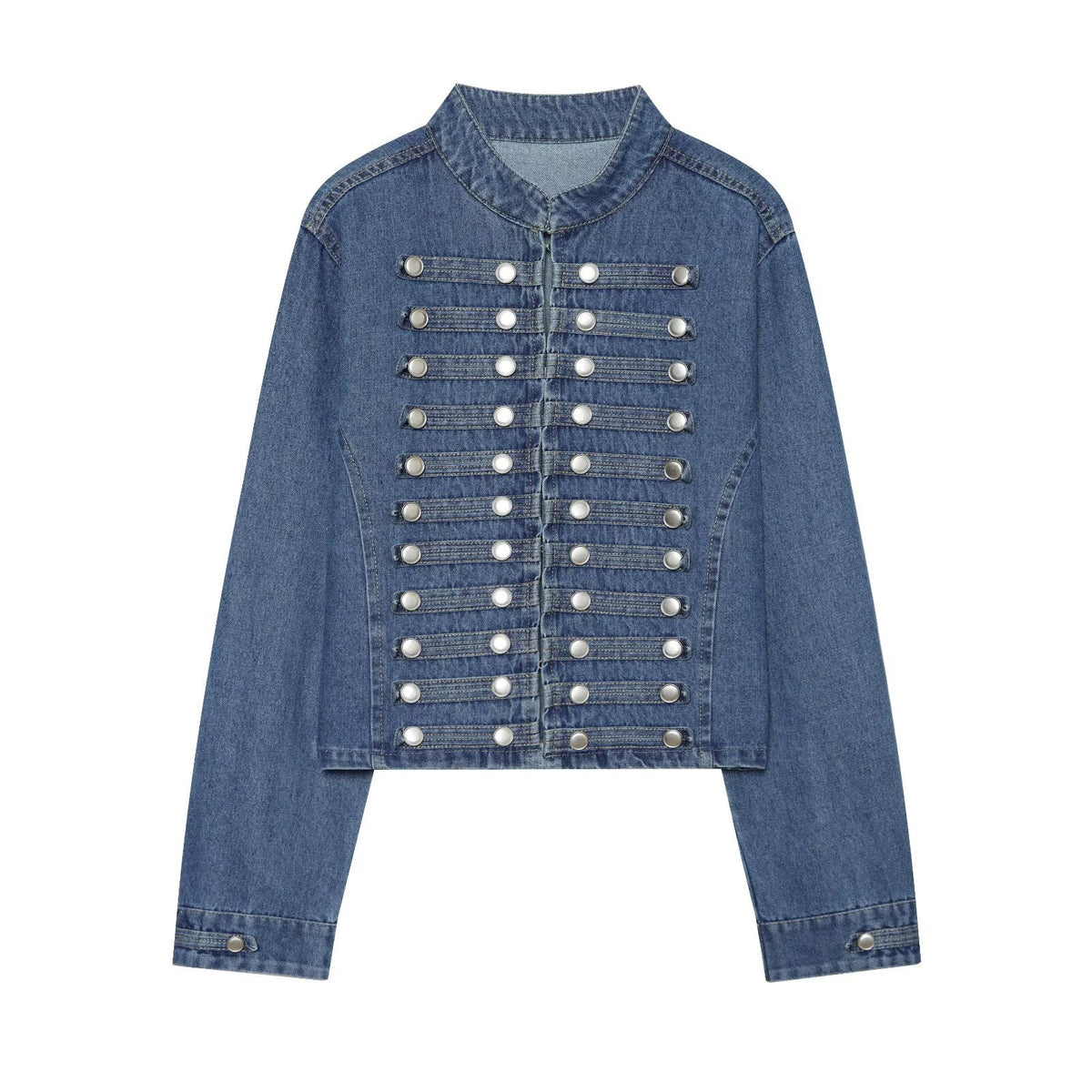 Ladies short cut denim jacket in military style with stand-up collar and decorative button rows Fashion Glam