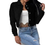 Women short-cut fitted denim jacket with full button placket and shirt collar Fashion Glam