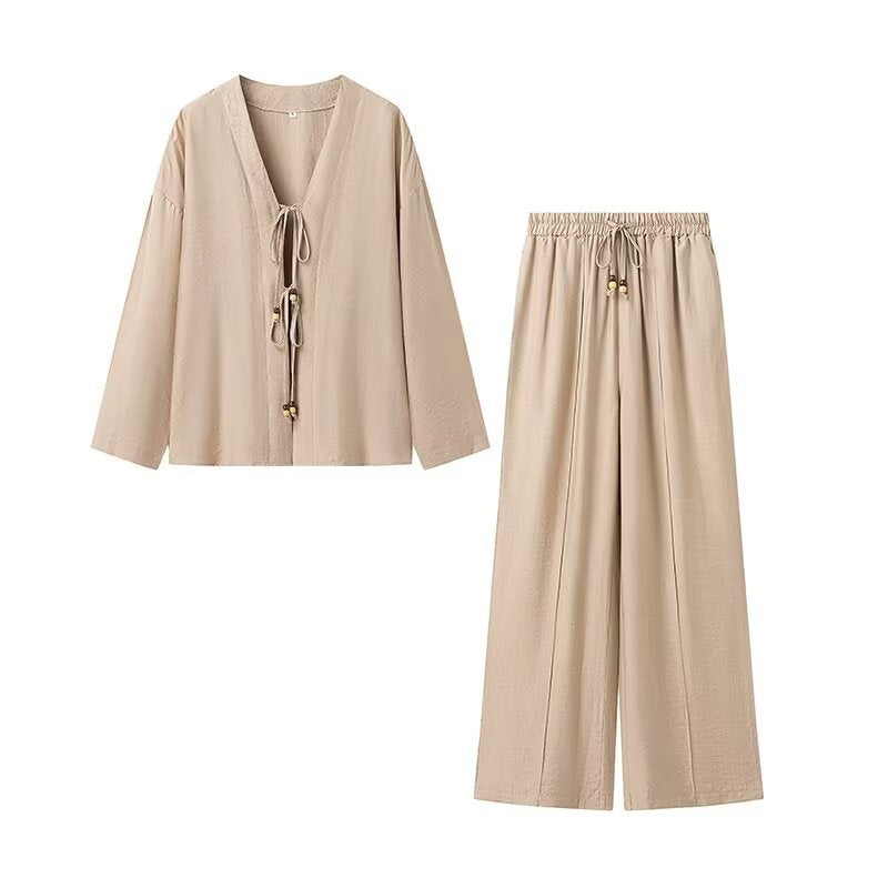 Ladies Lightweight Two-Piece Lounge Set with V-Neck and Loose Elastic Waist Pants Fashion Glam