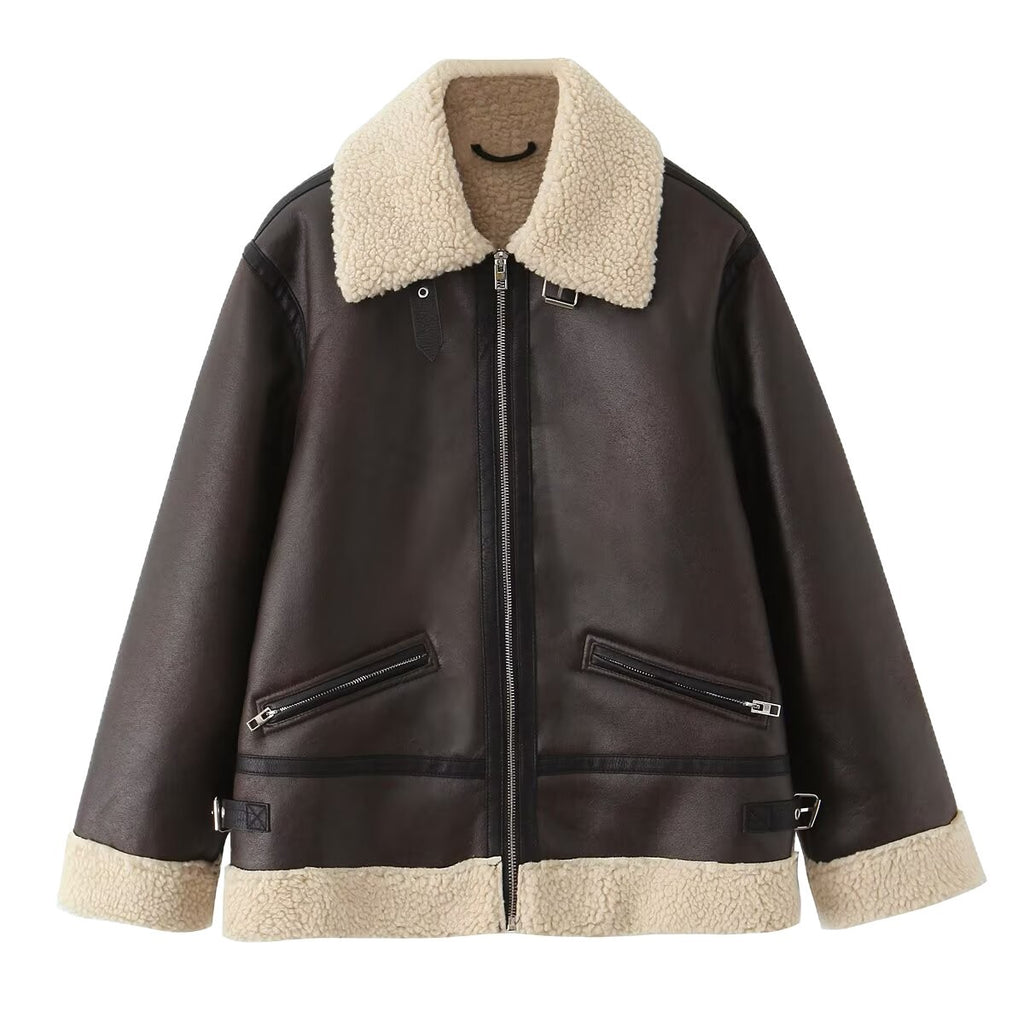 Women's Oversize Pilot Jacket made of Faux Leather with Teddy Collar and Zipper Pockets Fashion Glam