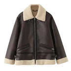 Women's Oversize Pilot Jacket made of Faux Leather with Teddy Collar and Zipper Pockets Fashion Glam